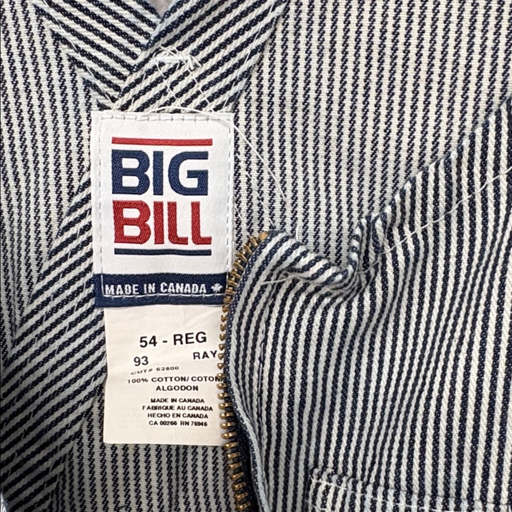 Big Bill Hickory Stripe Bib Overall with Zip Front Closure  54 Regular - Picture 3 of 10